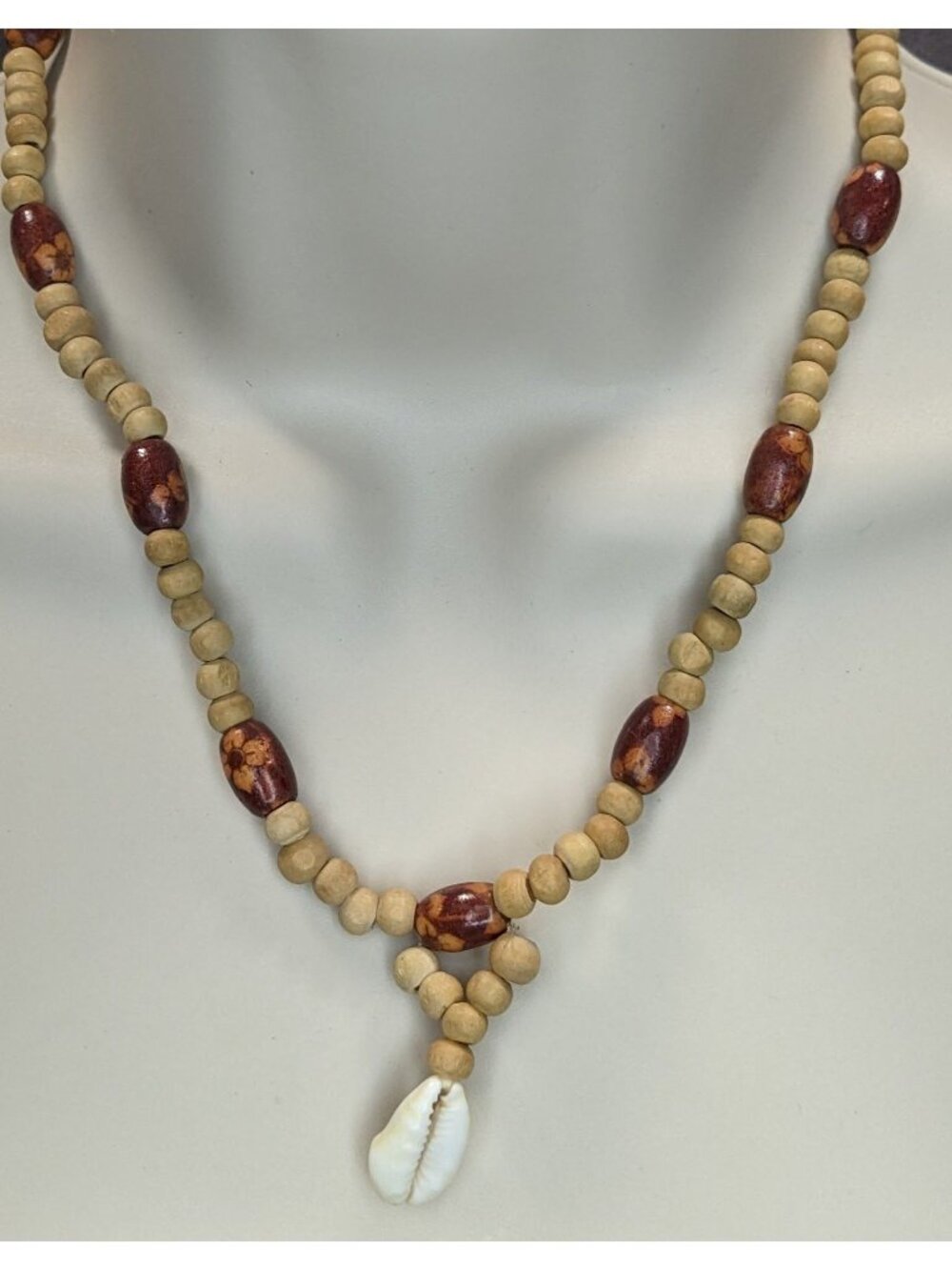 Vintage Handmade Wood Beaded Necklace Cowrie Shell Pendant Boho Beach